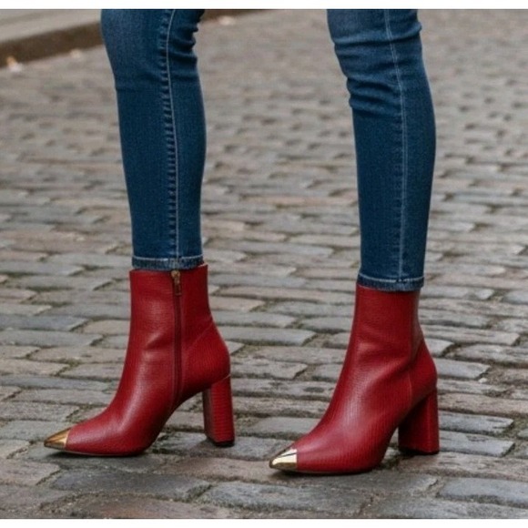 New York & Company Shoes - New York & CO Kyla Pointed Toe Bootie 8 New - Red Faux Lizard Leather Embossed